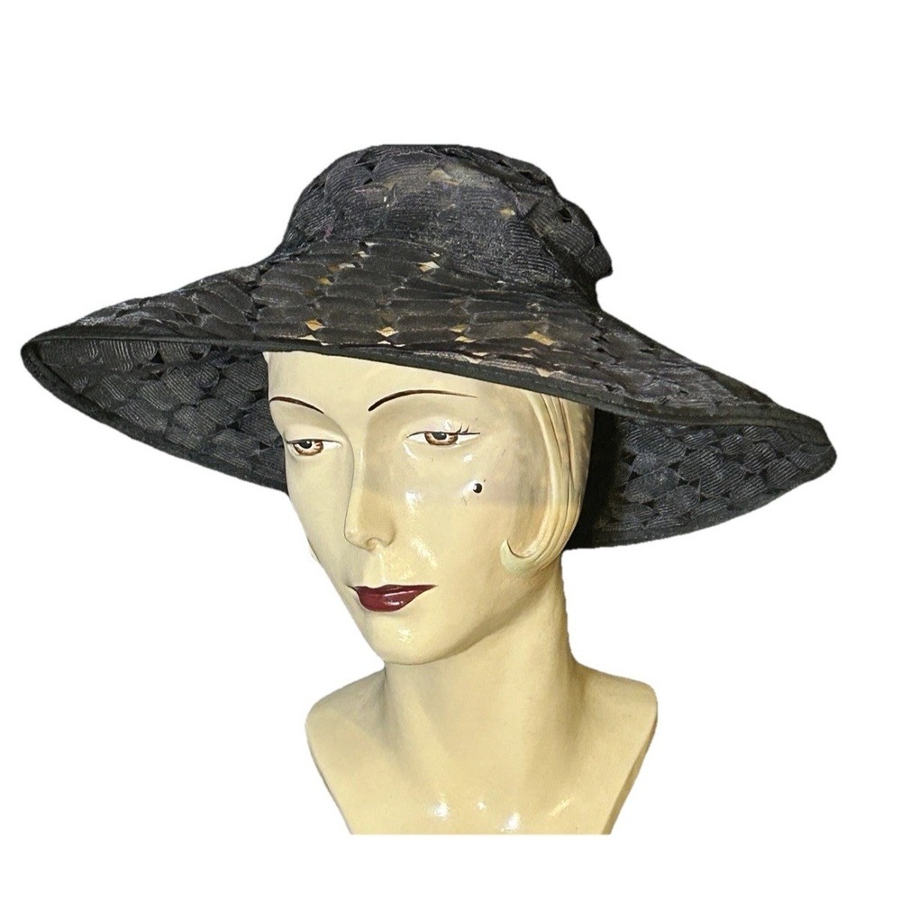 Union Millinery 50s Black Raffia Weave Wide Brimmed Hat Elegant!